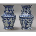 A pair of Chinese blue and white hexagonal vases, 19th century, 20.5cm (a.f.)