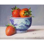 Raymond Campbell, oil on board, Oriental blue and white bowl with strawberries, signed, 12 x 14cm