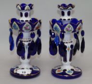 A pair of Bohemian overlaid blue glass lustres, with floral decoration, 27.5cm