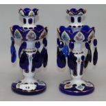 A pair of Bohemian overlaid blue glass lustres, with floral decoration, 27.5cm