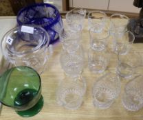 Two sets of six cut glass rinsers, and three assorted glass bowls