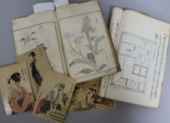 Two Japanese woodblock printed books, four postcards and two folios