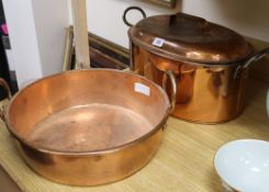 An iron handled oval copper pan and cover, and a preserve pan