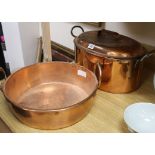 An iron handled oval copper pan and cover, and a preserve pan