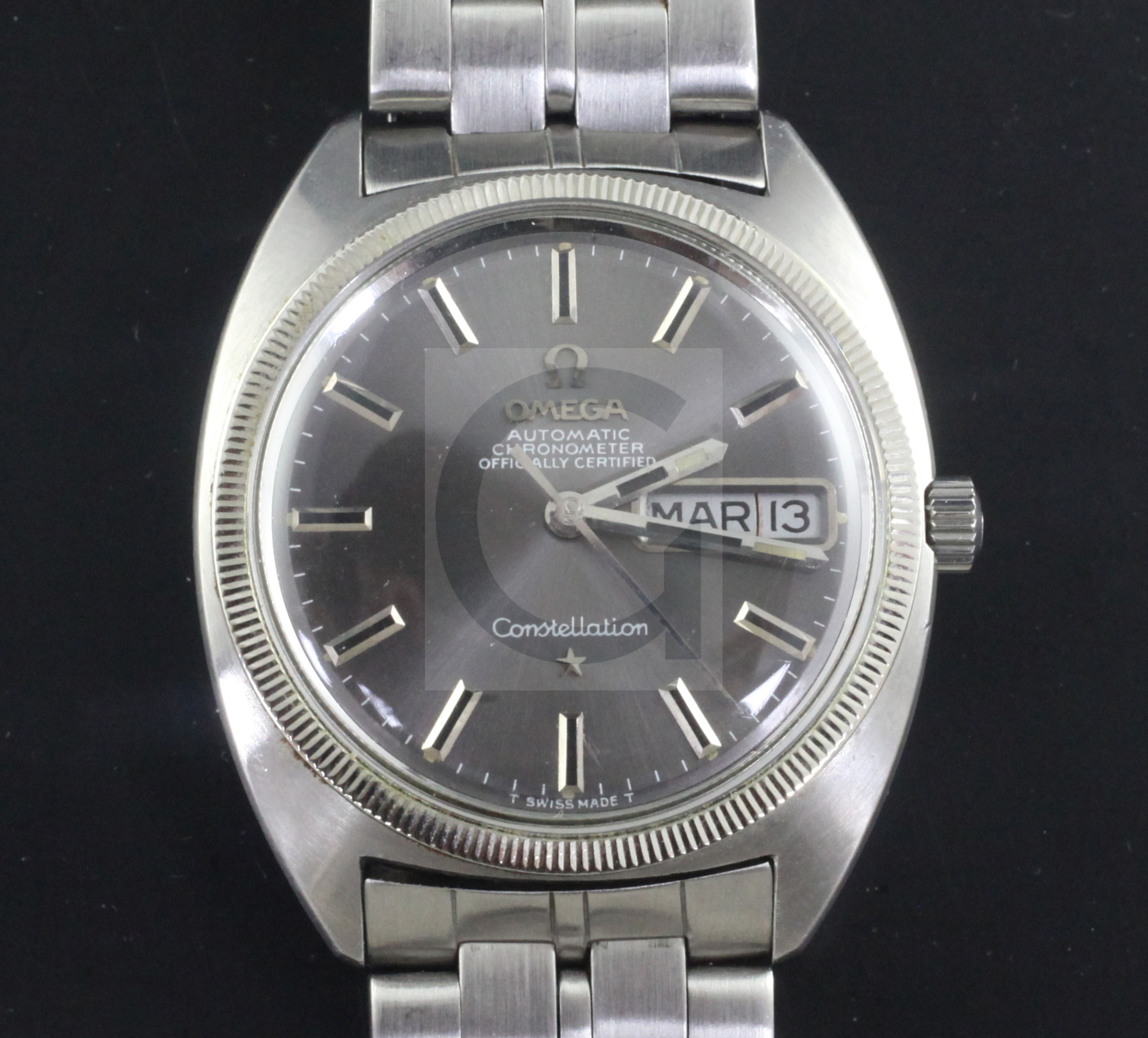 A gentleman's early 1970's stainless steel Omega Constellation automatic wrist watch, the steel grey