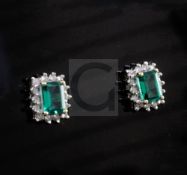 A pair of American 10ct gold synthetic emerald? and diamond set rectangular ear studs, length 11mm.