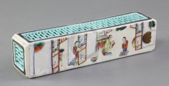 A Chinese famille rose rectangular cricket cage, Jiaqing period (1796-1820), one side painted with