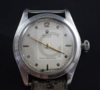 A gentleman's 1950's stainless steel Rolex Oyster manual wind wrist watch, with Arabic, pyramid