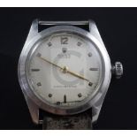 A gentleman's 1950's stainless steel Rolex Oyster manual wind wrist watch, with Arabic, pyramid