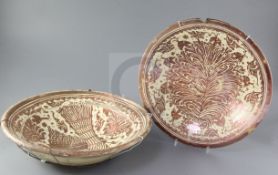 Two Hispano-Moresque copper lustre bowls, 17th/18th century one decorated with a stylised bird among