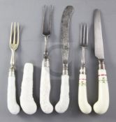 Four Bow white glazed white porcelain handled knives and forks, c.1755-60 and a Wedgwood creamware