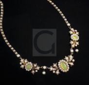 A cased Victorian gold, split pearl and cabochon yellow/green chalcedony? set necklace, lacking