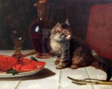 George Frederick Hughes (fl.1873-1879)oil on canvasTabby kitten on a table top beside a claret jug