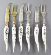 Three pairs of Meissen porcelain handled knives and forks, 19th century, each painted with birds and