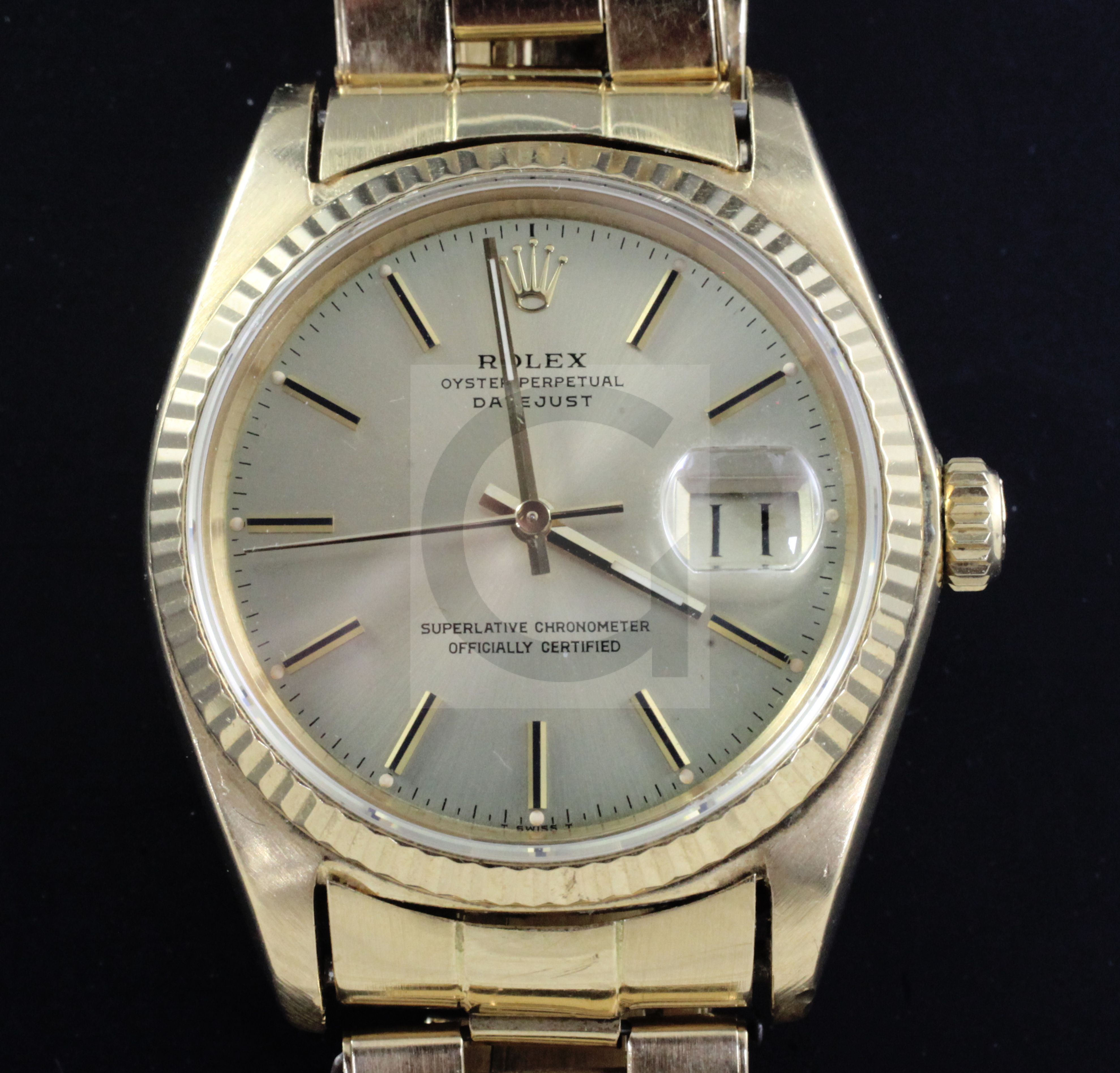 A gentleman's 1990's? 18ct gold Rolex Oyster Perpetual Datejust, with box, the yellow dial with