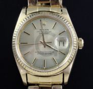 A gentleman's 1990's? 18ct gold Rolex Oyster Perpetual Datejust, with box, the yellow dial with