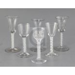 Three English opaque twist stem cordial glasses, mid 18th century, together with three continental