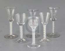 Three English opaque twist stem cordial glasses, mid 18th century, together with three continental