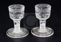 A pair of Masonic toasting glasses, c.1770, each wheel engraved with the inscription 'R.K. of