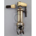 A Lunds Patent double helix ratchet corkscrew, 19th century, with ratchet action, the bottle grip