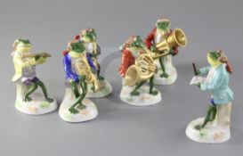 A set of six Sitzendorf frog band figures, 20th century, printed blue mark, 11.5 - 13.5cm