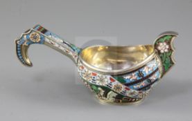 A good late 19th/early 20th century Russian 88 zolotnik and polychrome cloisonne enamel kovsh,