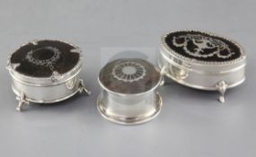 Three assorted early 20th century silver and tortoiseshell pique trinket boxes, including navette