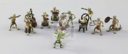 An Austrian eleven piece cold painted bronze miniature frog orchestra, height 1in.