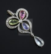 An 18ct gold, rose cut diamond and multi gem set trefoil shaped drop pendant, 43mm.