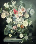 § Gerald A. Cooper (1898-1975)oil on canvasStill life of hollyhocks, lilies and other flowers in a