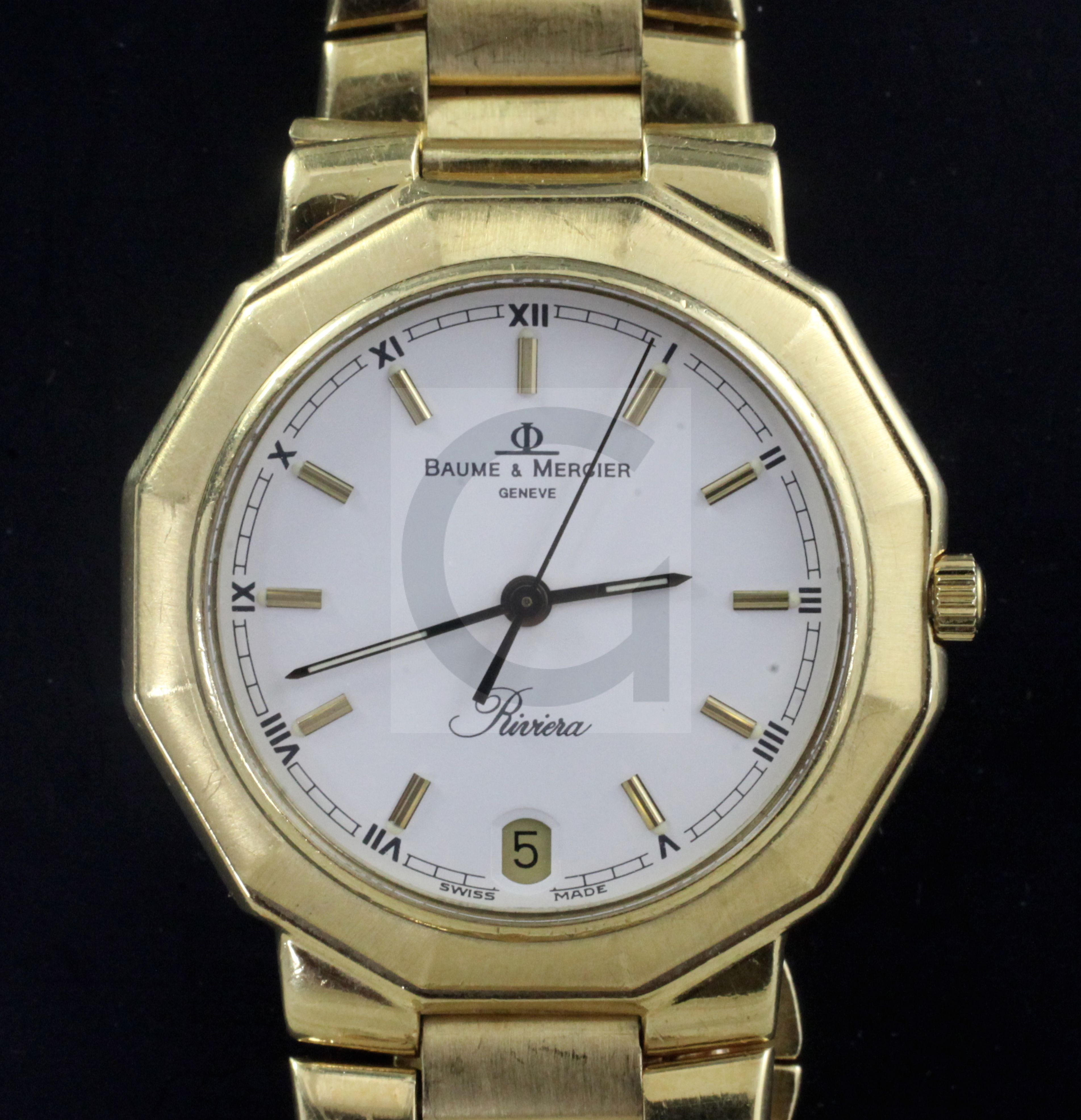 A gentleman's 18ct gold Baume & Mercier Riviera quartz wrist watch, with baton numerals and date