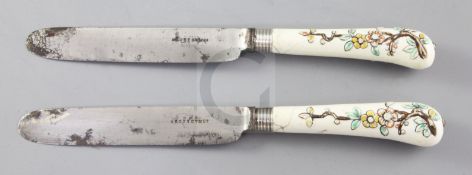 Two Chantilly porcelain pistol handled knives, c.1735-45, each moulded in relief and polychrome