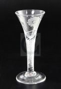 An airtwist ale glass, c.1750, wheel engraved with a Jacobite style rose sprig, height 15.5cm