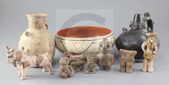 A group of pre-Columbian and Peruvian pottery vessels and figures, including a blackware Sican Reyna