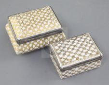 Two late 18th / early 19th century French white enamel snuff boxes, with diapered tooled gilt