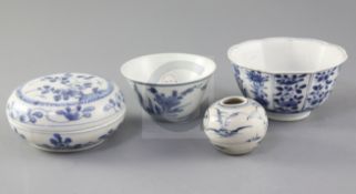 A Chinese blue and white box and cover and two bowls, 17th century, the box and cover and a bowl,