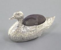 An Edwardian silver mounted novelty duck pin cushion, by Adie & Lovekin Ltd, Birmingham, 1908,