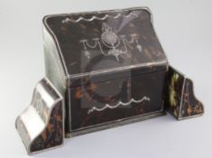 A late 19th/early 20th century silver mounted tortoiseshell pique stationary box and a pair of