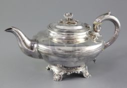 A William IV silver teapot by Pearce & Burrows, of inverted pear form, with reeded shoulder and