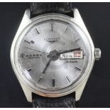 A gentleman's stainless steel Longines Admiral automatic wrist watch, with baton numerals and day/