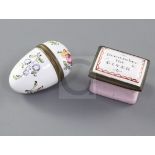 A late 18th century English enamel egg shaped nutmeg box and a small patch box, inscribed '