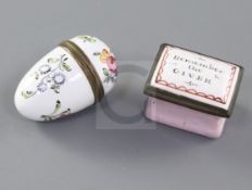 A late 18th century English enamel egg shaped nutmeg box and a small patch box, inscribed '