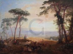 James Baker Pyne (1800-1870)oil on canvasExtensive landscape with figures beneath pine trees in