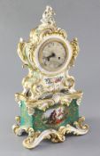 A Jacob Petit porcelain clock, French mid 19th century, the cartouche form case with floral and