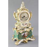 A Jacob Petit porcelain clock, French mid 19th century, the cartouche form case with floral and