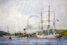 Henry Scott Tuke (1858-1929)watercolourFrench shipping in harboursigned and dated 190812 x 18in.