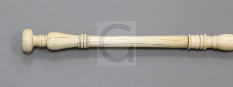 A 19th century Indian ivory walking stick, with ring turned decoration, 30.5in.