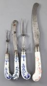 Four Bow pistol handled knives or forks, c.1755-60, three painted in blue and white, the two forks