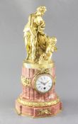 An early 20th century French ormolu mounted marble mantel timepiece, Leroy, the marble pedestal base