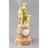 An early 20th century French ormolu mounted marble mantel timepiece, Leroy, the marble pedestal base